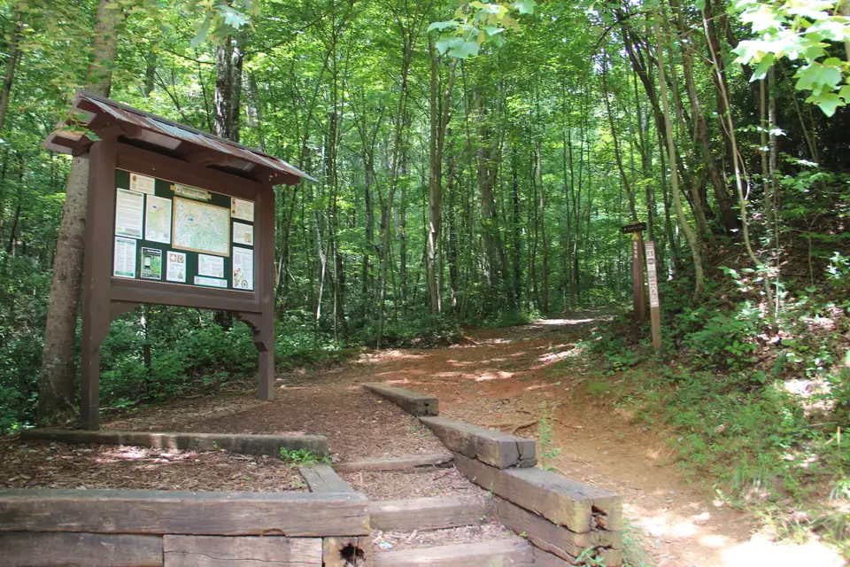 Wooden information kiosk with a shingled roof and posted maps at the start of a dirt trail with timber steps, leading into a sunny green hardwood forest.